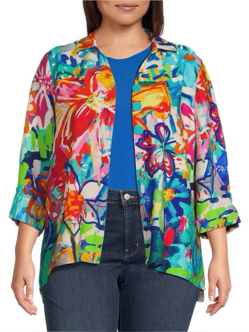Ali Miles Floral Tunic Top Jacket Size Large 3/4 Sleeve Button Up Watercolor Art